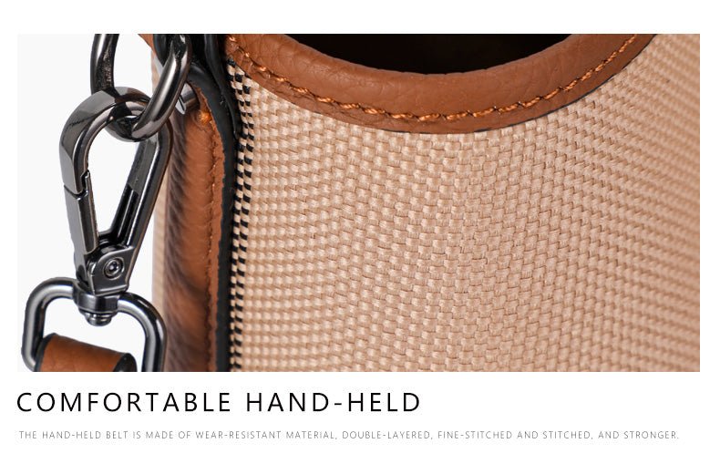 Genuine Leather Bucket Bag with Plaid Detail