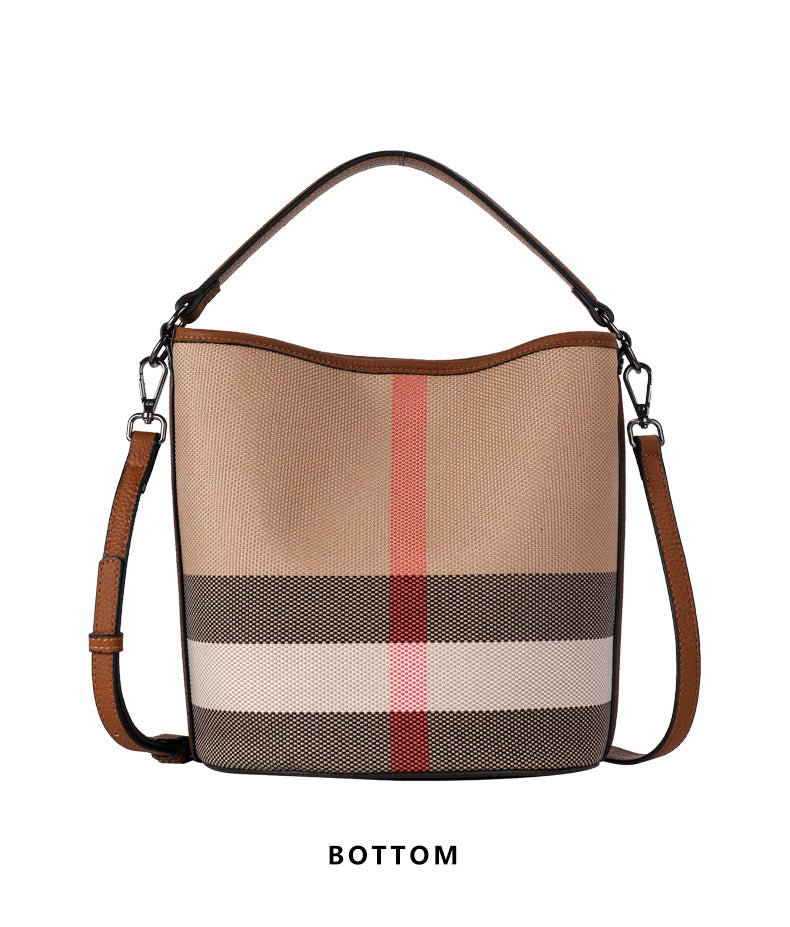 Genuine Leather Bucket Bag with Plaid Detail