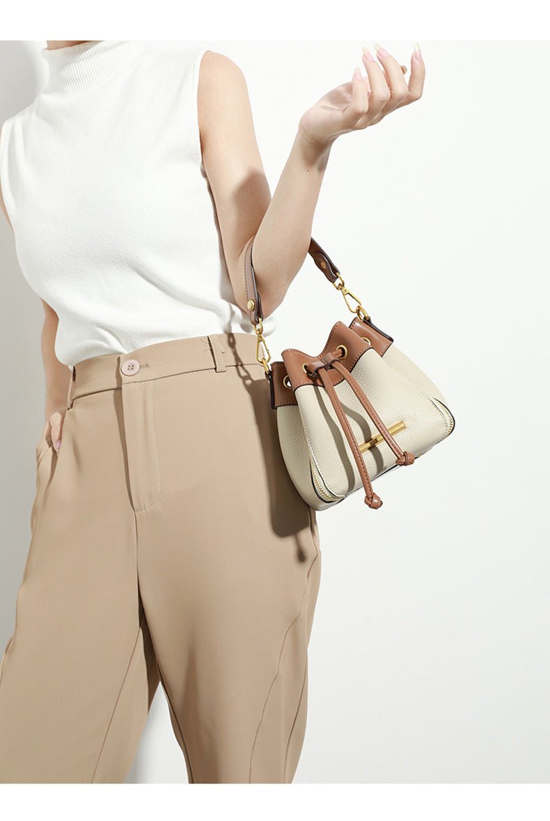 Genuine Leather Bucket Bag with Signature Detail