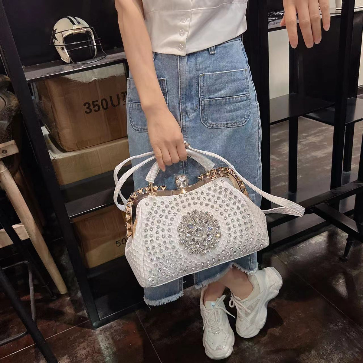 Diamond-Embellished Genuine Leather Messenger Bag