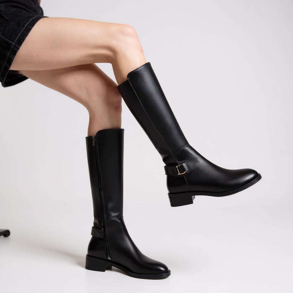 Polished Black Riding Boots with Buckle Accent