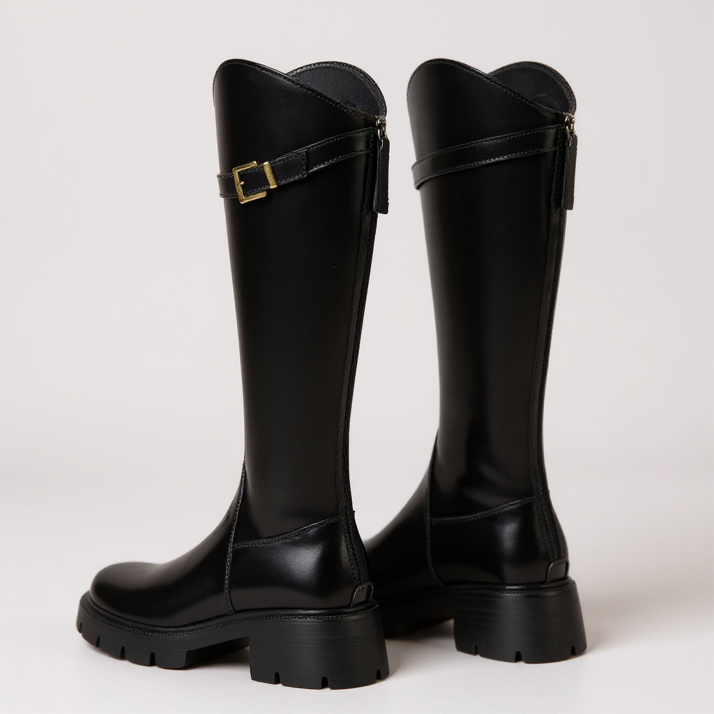 Bold Petra Riding Boots with Chunky Heel and Gold Buckle