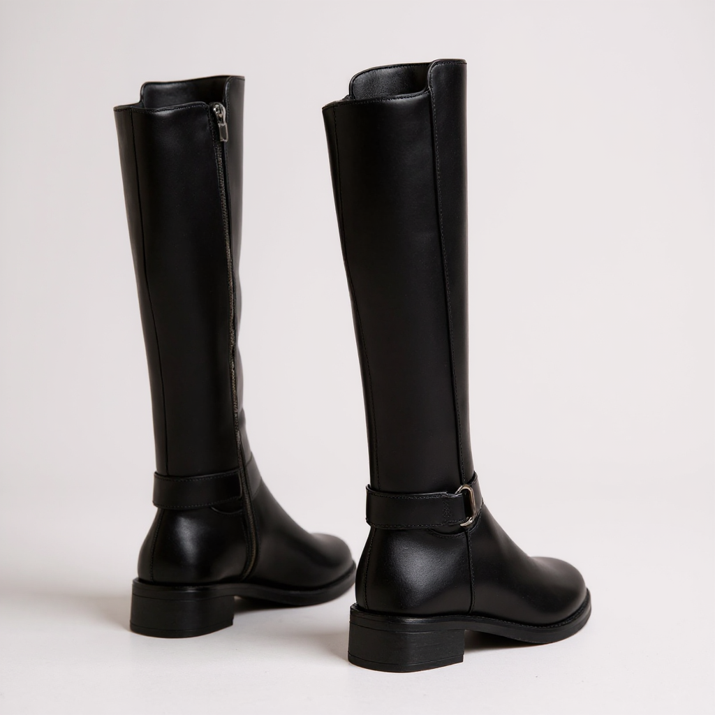 Polished Black Riding Boots with Buckle Accent