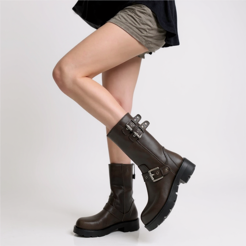 Bold Rosalinde Brown Riding Boots with Metal Buckles
