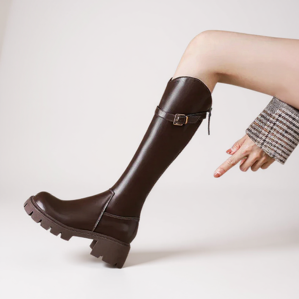 Bold Petra Riding Boots with Chunky Heel and Gold Buckle