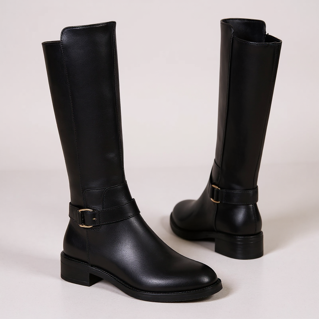 Polished Black Riding Boots with Buckle Accent