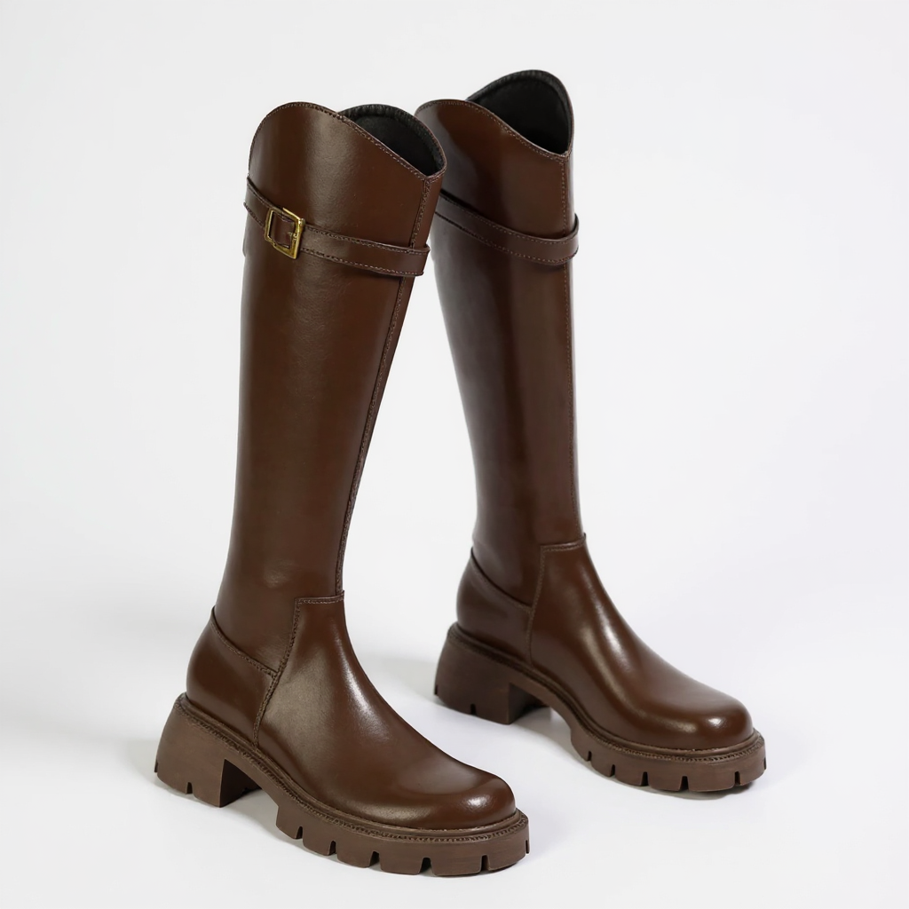 Bold Petra Riding Boots with Chunky Heel and Gold Buckle