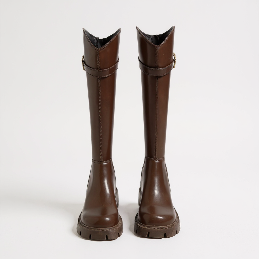 Bold Petra Riding Boots with Chunky Heel and Gold Buckle