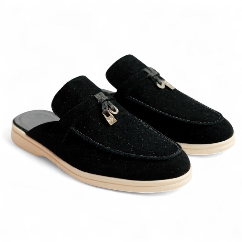 Refined Suede Mule Loafers with Metallic Detail