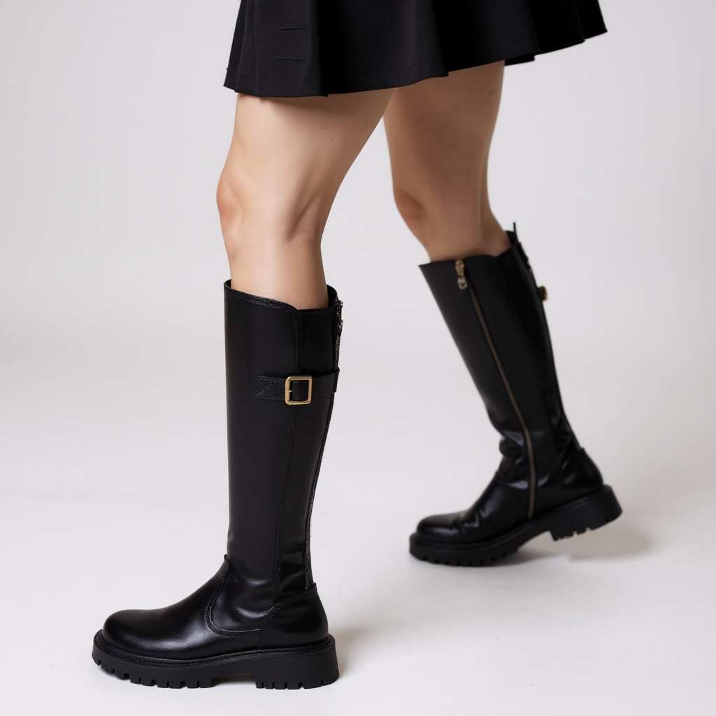 Refined Black Riding Boots with Strap Detail