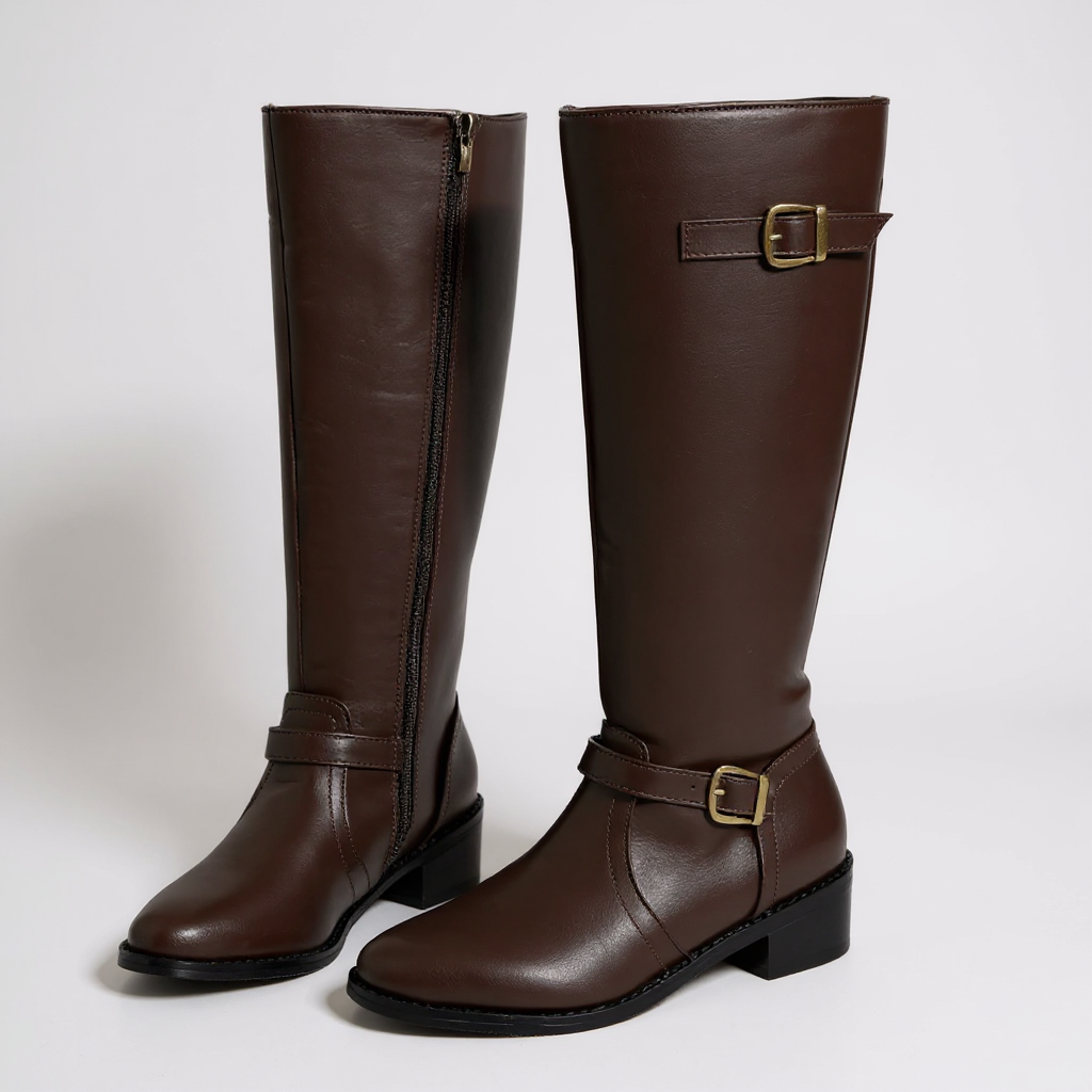 Polished Riding Boots with Gold Buckles