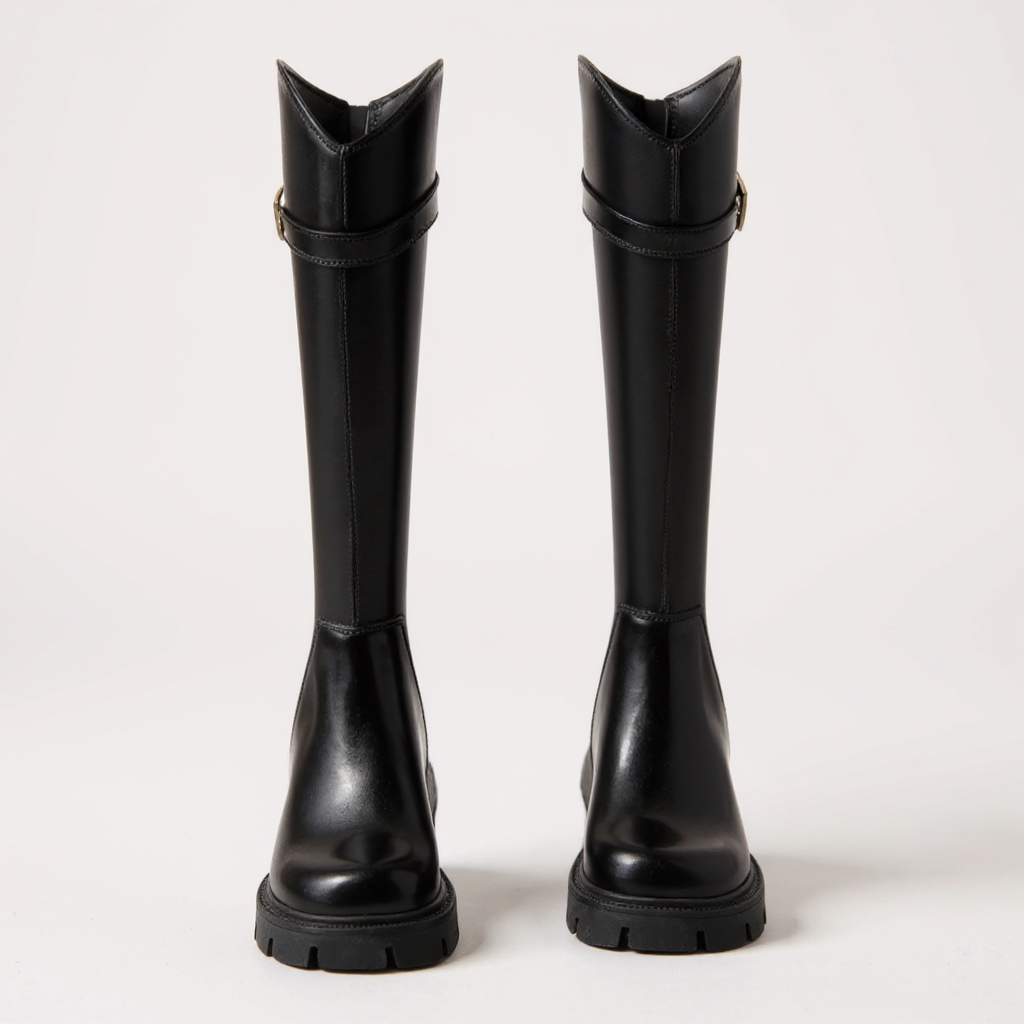 Bold Petra Riding Boots with Chunky Heel and Gold Buckle