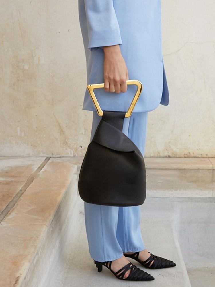 Leather Bucket Bag with Round Detail