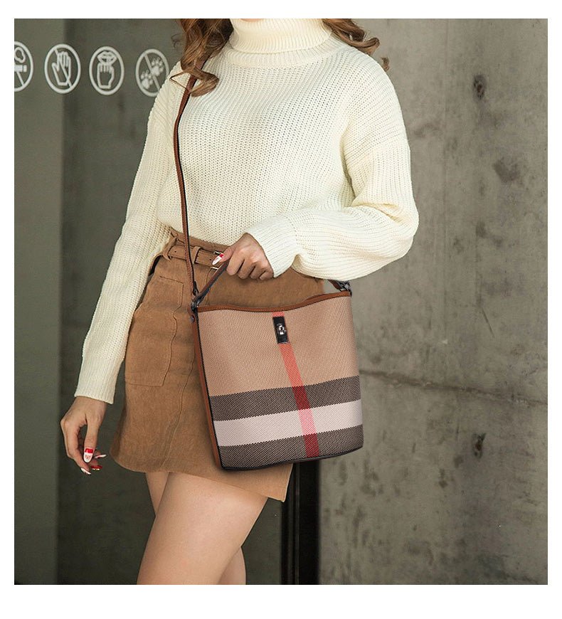 Genuine Leather Bucket Bag with Plaid Detail