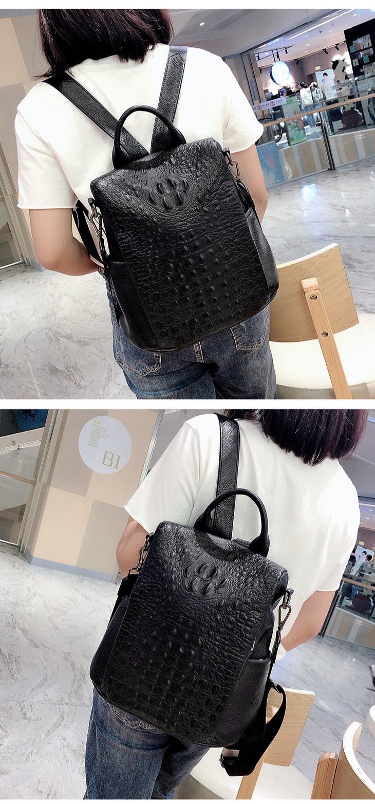 Croc-Effect Genuine Leather Backpack