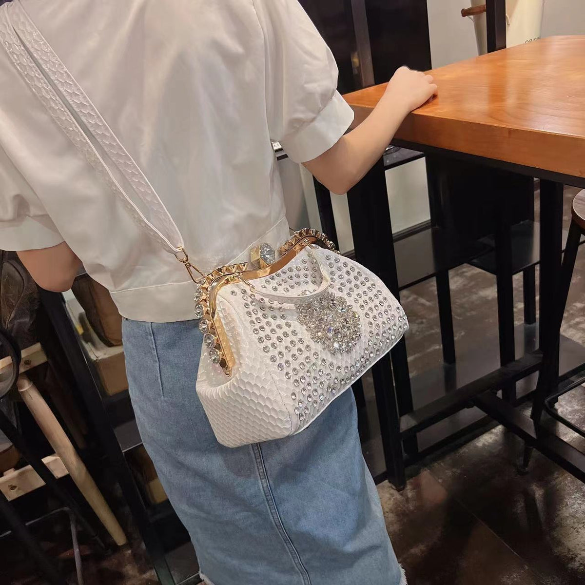 Diamond-Embellished Genuine Leather Messenger Bag