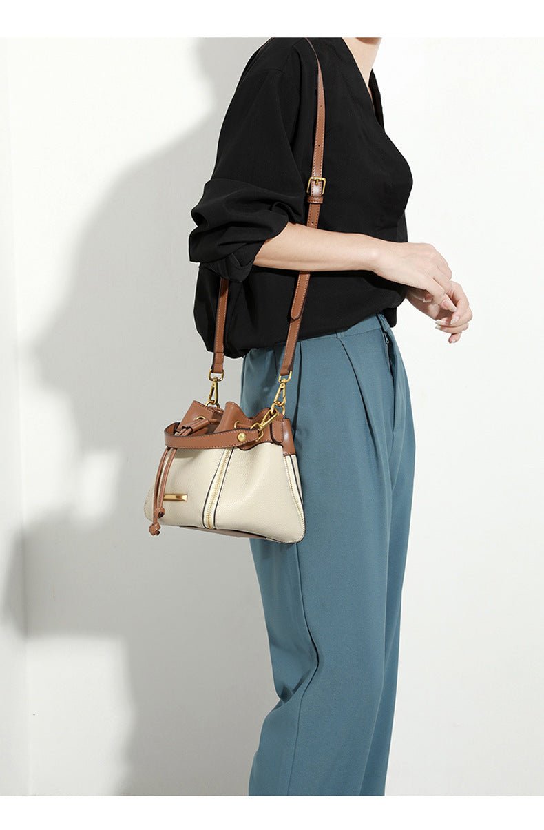 Genuine Leather Bucket Bag with Signature Detail