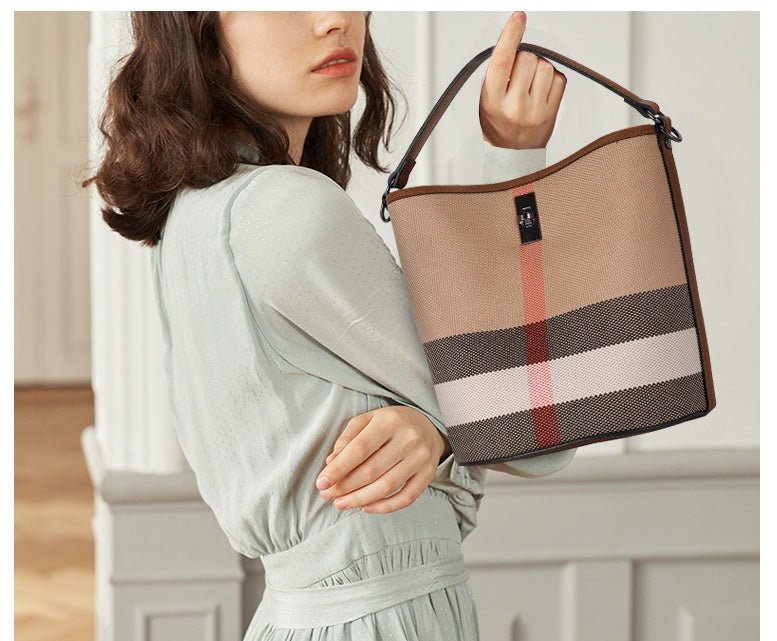 Genuine Leather Bucket Bag with Plaid Detail