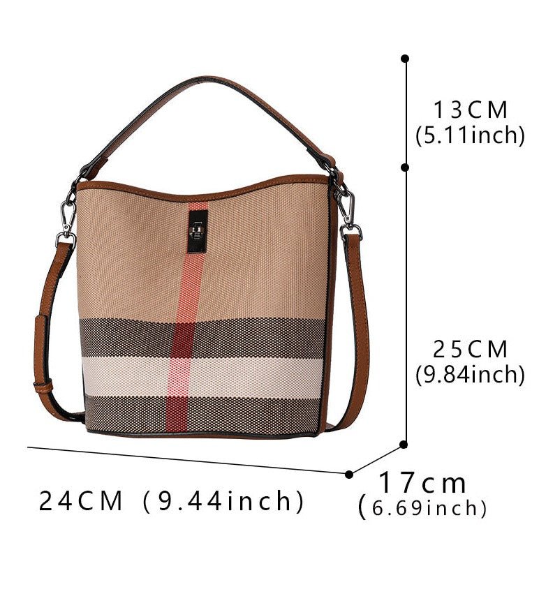 Genuine Leather Bucket Bag with Plaid Detail