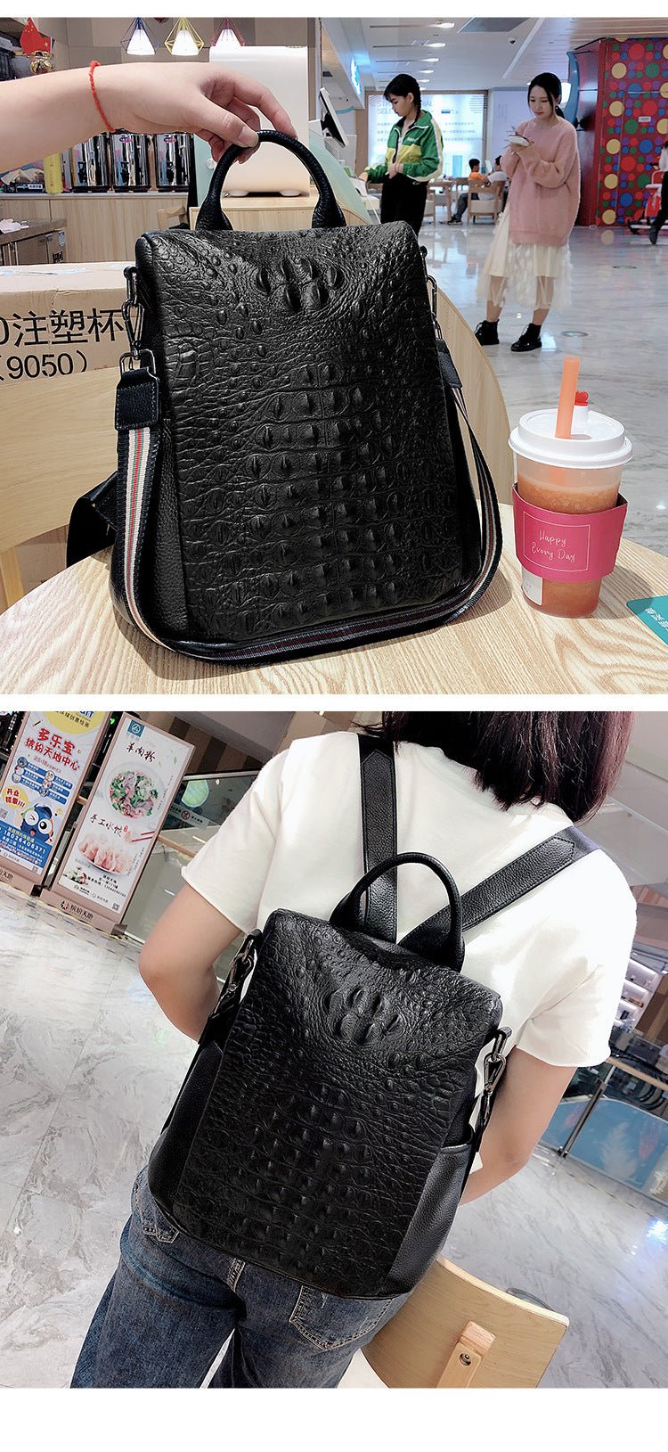 Croc-Effect Genuine Leather Backpack